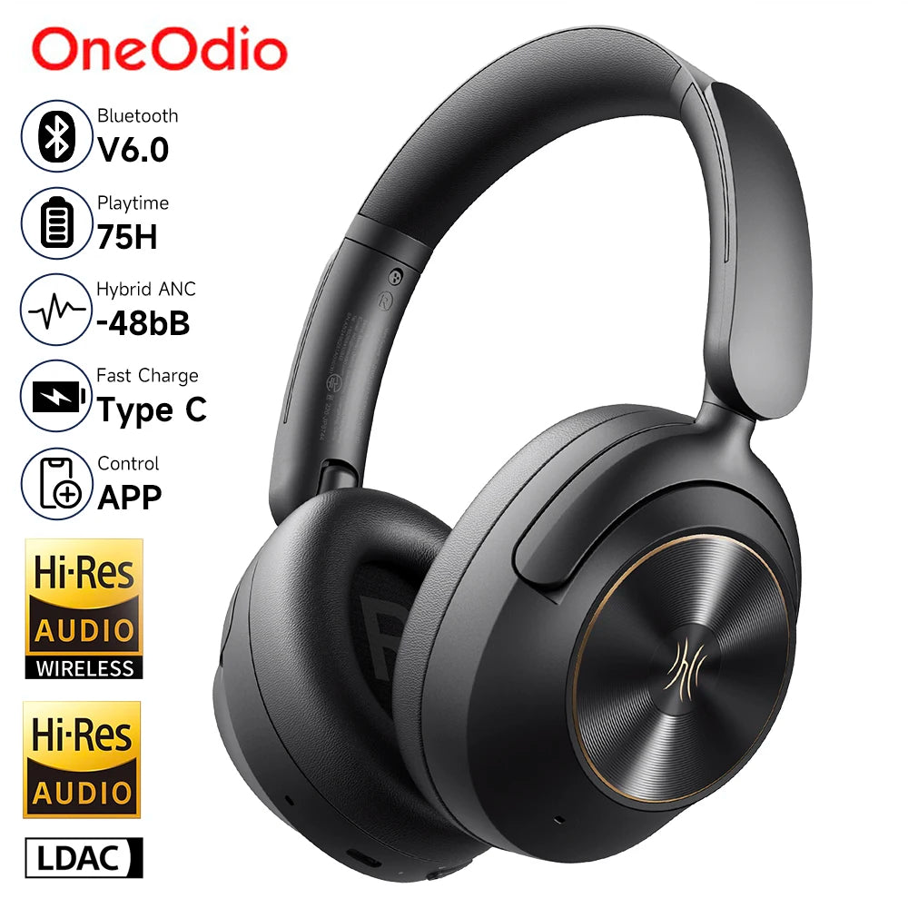 Oneodio A6 ANC Wireless Bluetooth 6.0 Headphones -48dB Hybrid Active Noise Cancelling Over Ear Headset With Mic Hi-Res LDAC APP