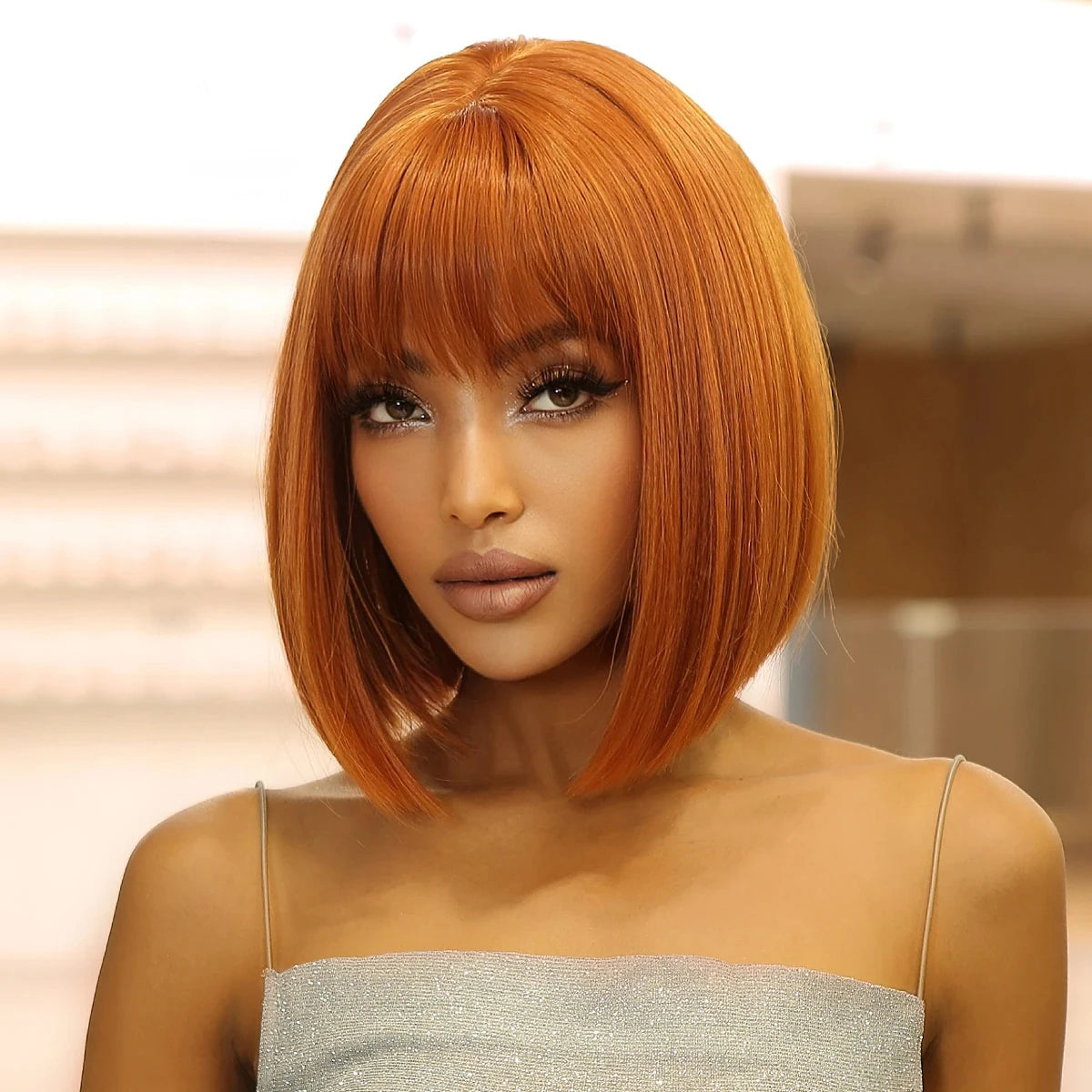 Short straight synthetic wig Ginger Brown Bob wig with straight bangs Ladies Cosplay daily natural high temperature silk wig