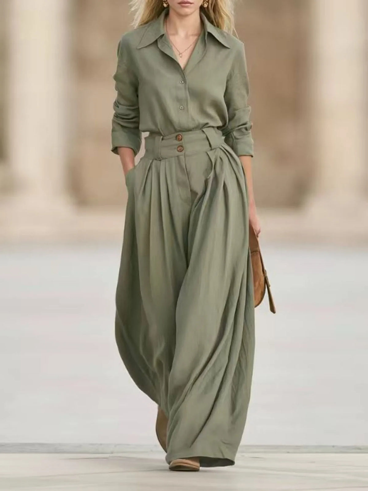 Women Solid Two Piece Outfit Autumn Lapel Long Sleeve Button Shirt + High Waist Pleated Wide Leg Pants Set Casual Office Suits