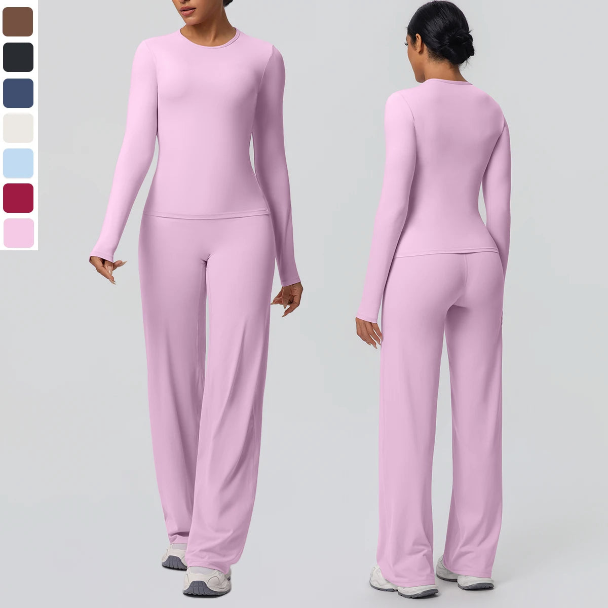 2pieces Women Gym Yoga Set Running Shirts Slim Long Sleeves Workout Top Quick Drying High Stretch Wide Leg Pants Thin Yoga Set