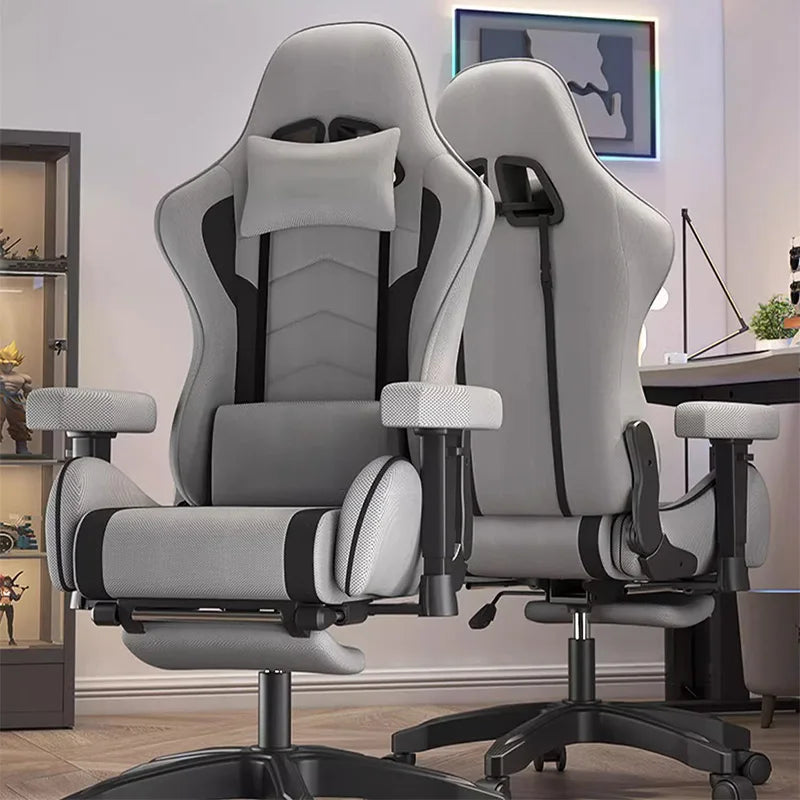 Stylish Reclining Gray Leather Gaming Chair Home Office Ergonomic Desk Chair with Lumbar Pillow Adjustable Gamer Computer Chairs