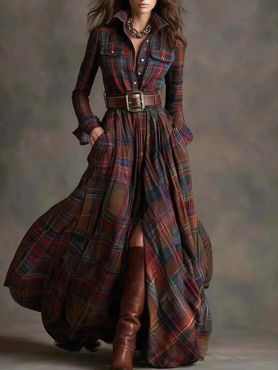 European American Women's Shirt Maxi Dress Autumn Casual Long Sleeve Button Pocket Plaid Print Lapel Retro Long Dress...