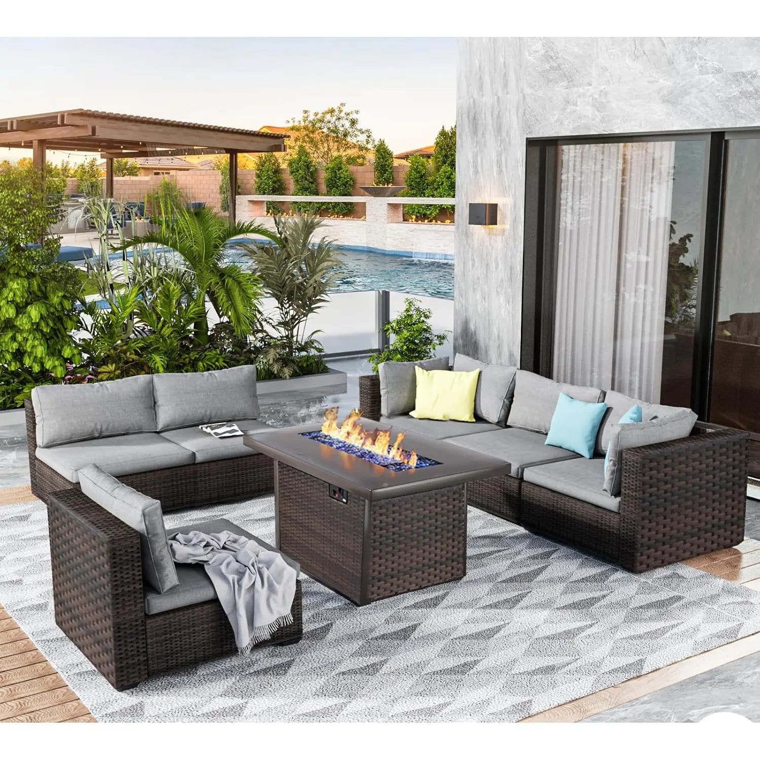 7 Pieces Outdoor Sectional Patio Furniture Set with Fire Pit Table PE Rattan Wicker Patio Sectional Conversation,...