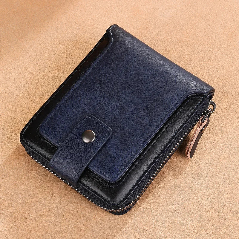 Vintage top layer cowhide anti-theft brush, anti demagnetization 2 large cash slots, buckle zipper wallet, large...