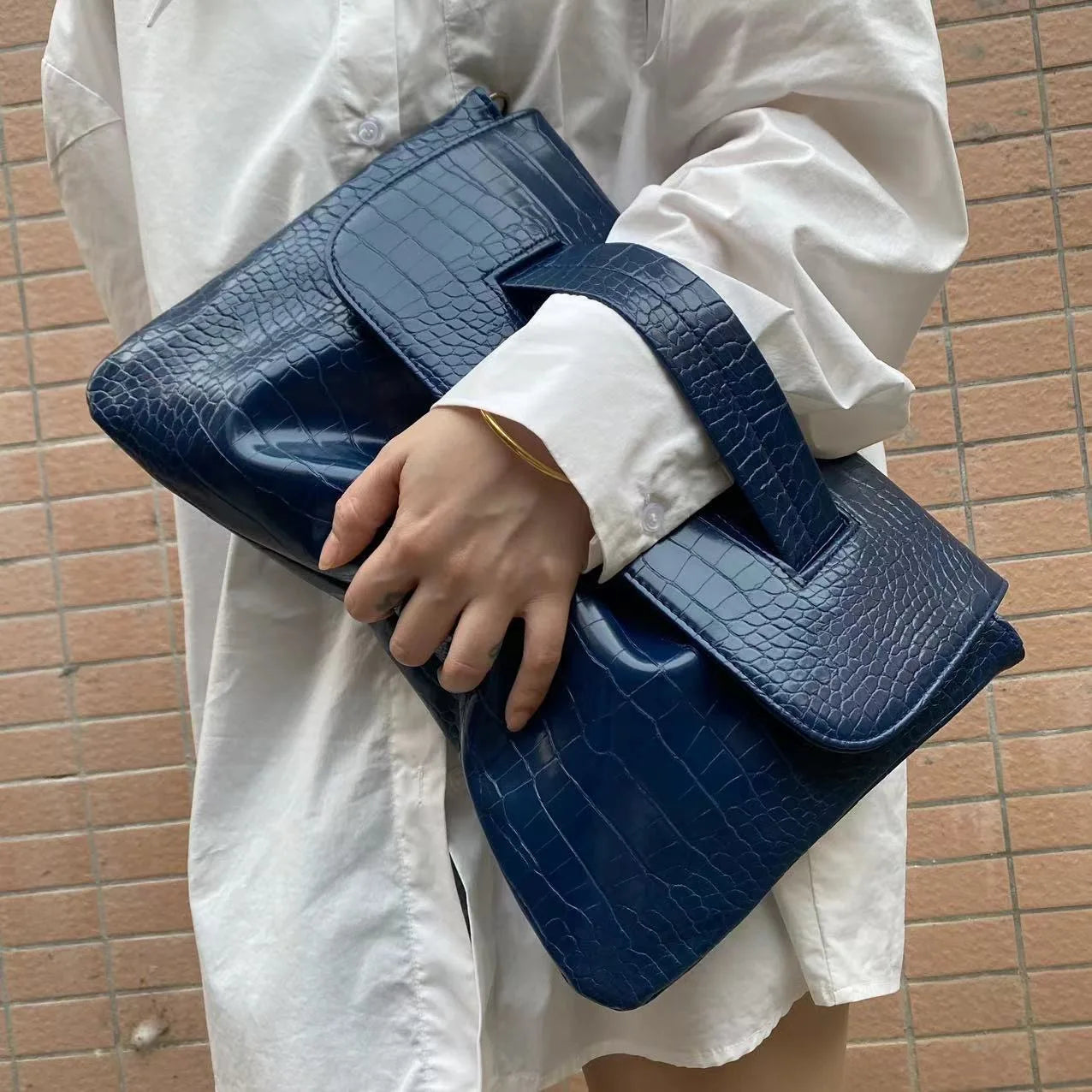 Fashion New Storage Bag Document Bagluxury Crocodile Pattern Women's Briefcase,large Capacity Solid,ladies Simple Clutch Bag