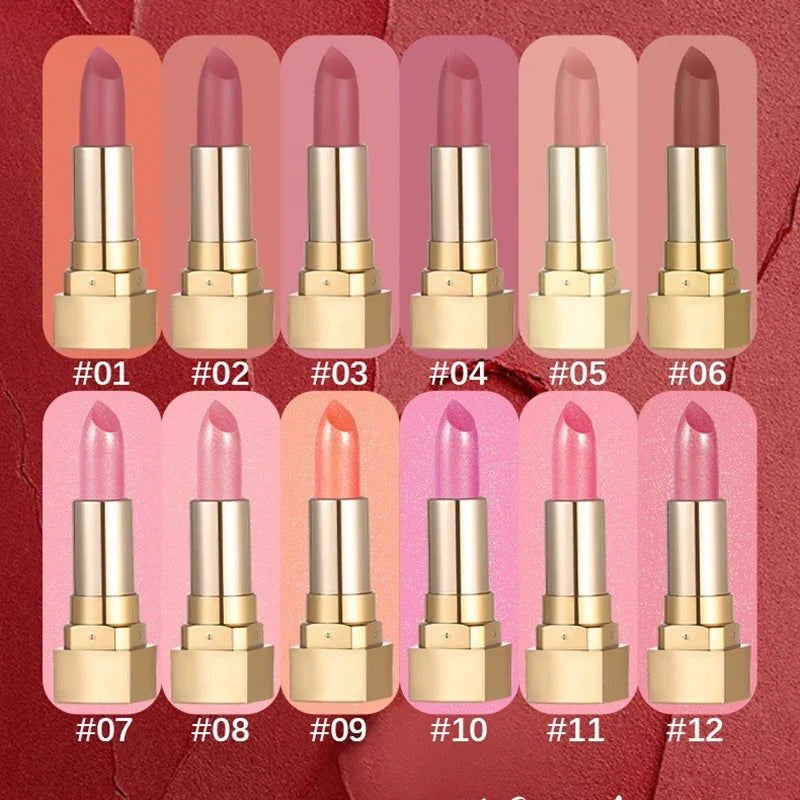 12 Color Gold Tube Lipstick Matte Metallic Glitter Lipstick Waterproof Non-Fade Shimmery Pearl Sparkling Red Lip Gloss Makeup