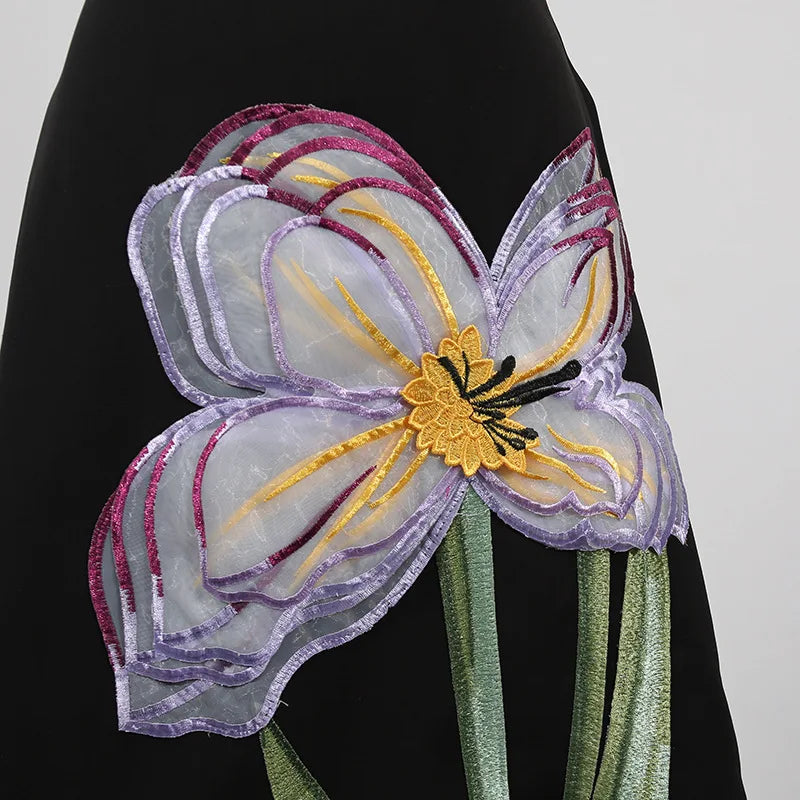 Women's Temperament Elegant Three Dimensional Flower Skirt Two Piece Set Slit Backless Cropped Top High Waist A-line Skirts Sets