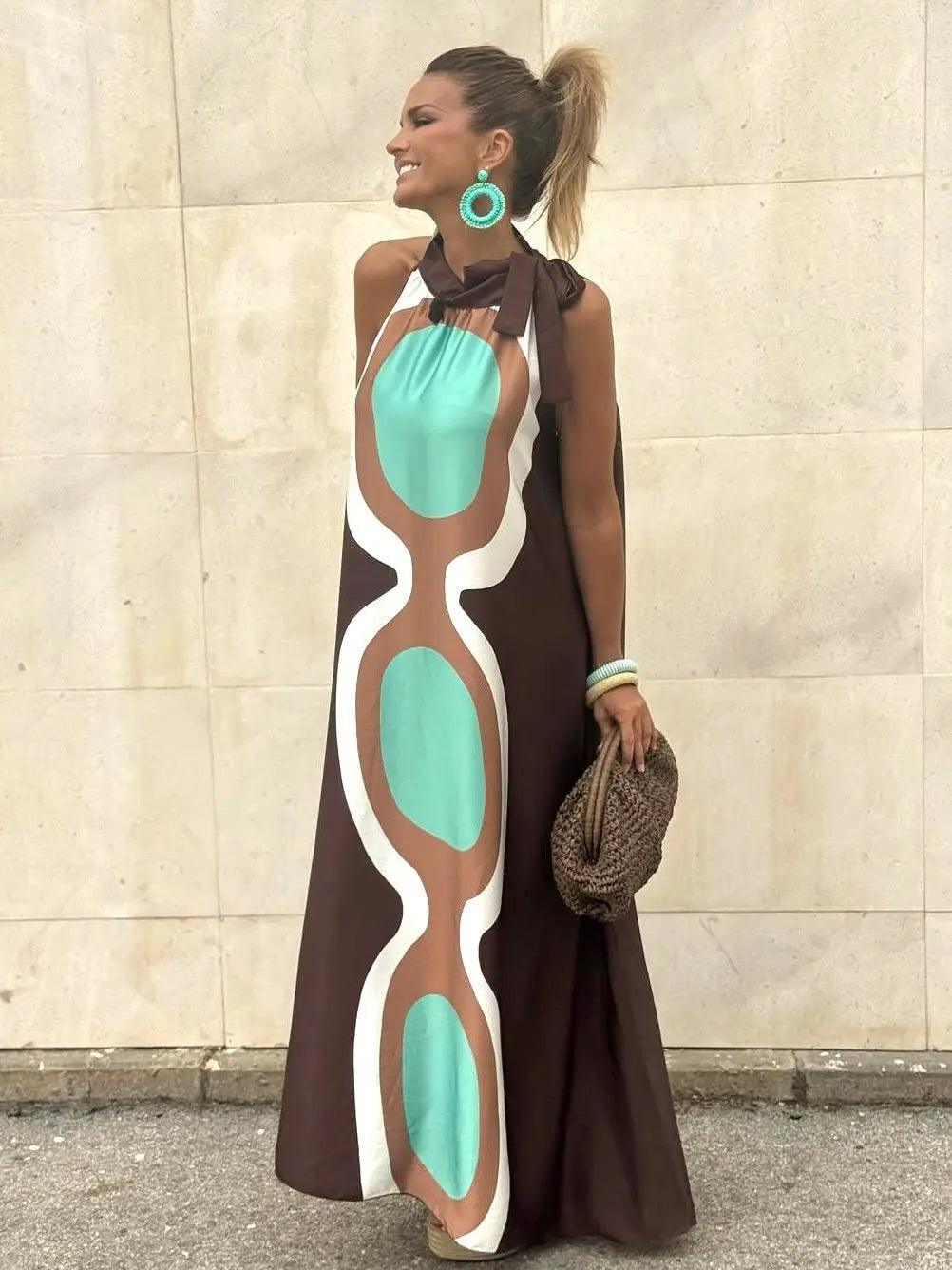 Casual Print Halter Neck Leace-up Long Dresses Women Summer New Vacation Style Loose Maxi Dress Female Vintage Commuting...
