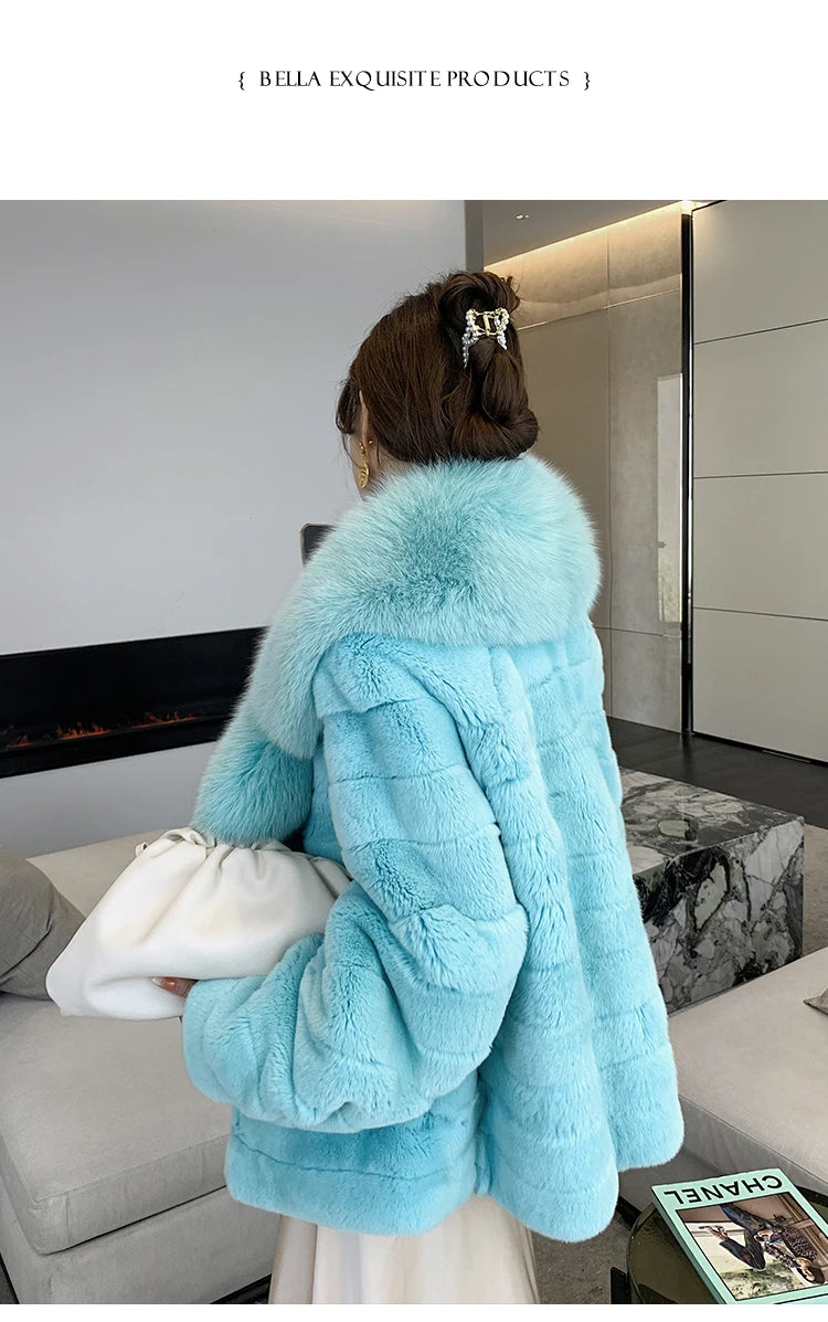 Winter Women Real Rex Rabbit Fur Coat 100% Natural Fur Jacket with Large Silver Fox Fur Collar Luxury Streetwear
