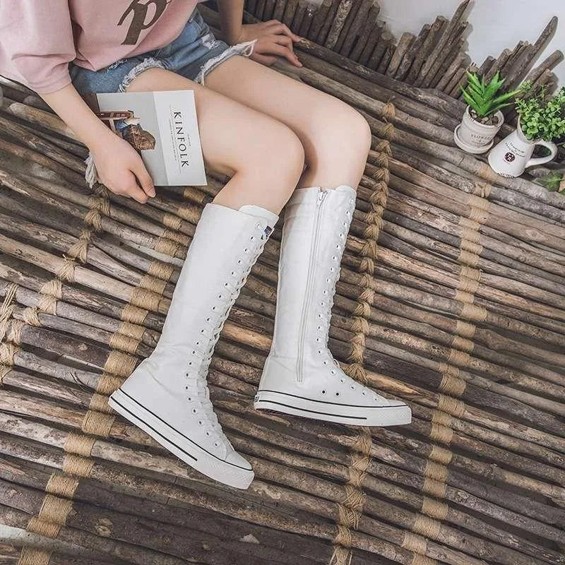 2025 New High Top Canvas Shoes for Women's Korean Edition Long Boot Lace-Up Zipper Comfortable Boot Zapatos De Mujer Tendencia