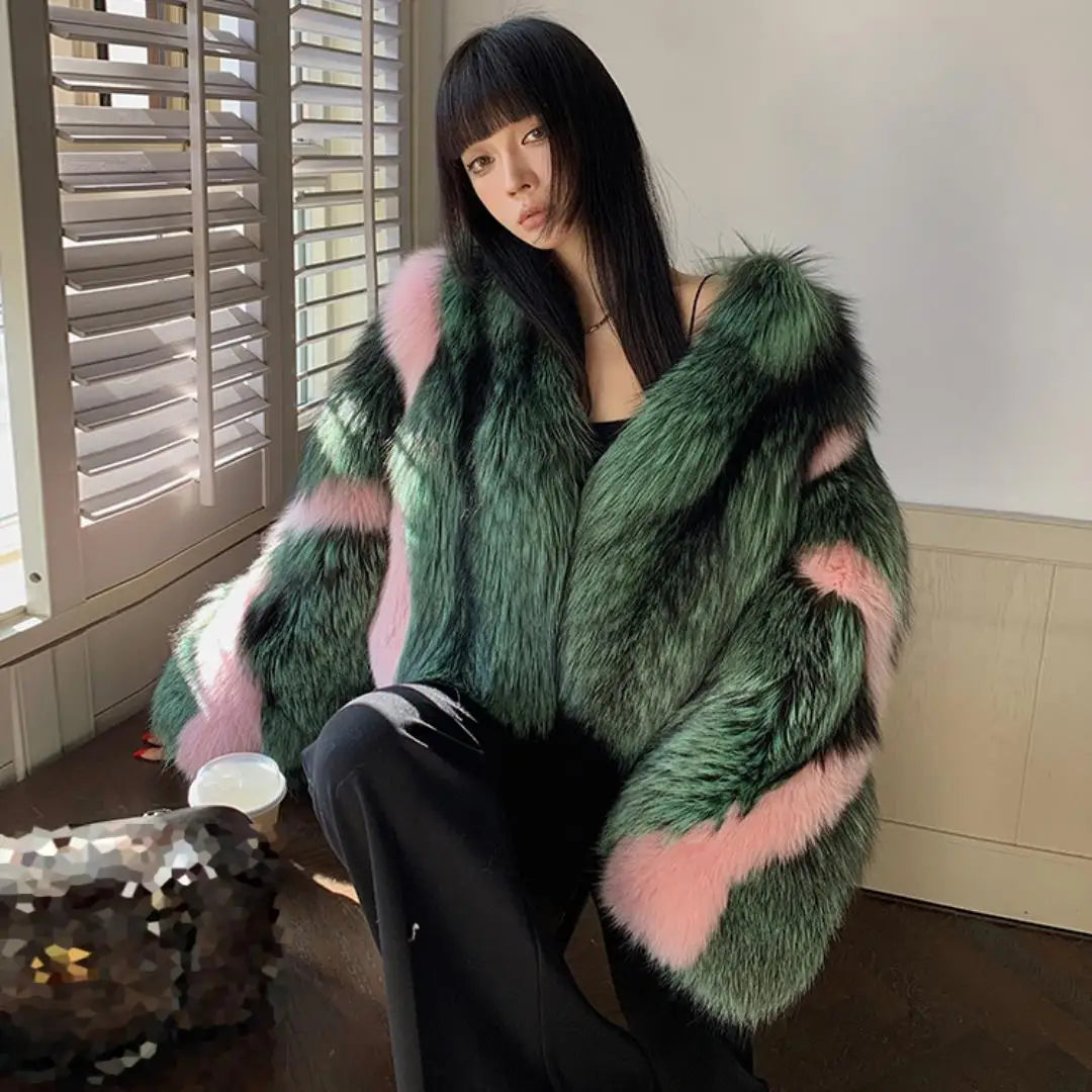 Luxury Fashion Woman Real Silver Fox Fur Short Jacket Coat Female Elegant Winter Warm Overcoat