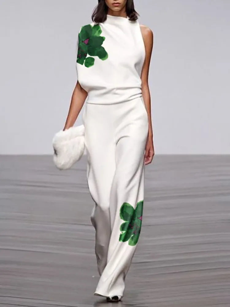 Yeezzi Women Floral Printed 2 Piece Sets High Neck One-shoulder Asymmetric Vest Tops & High Waisted Straight Leg Pants 2025 New - Kimlud