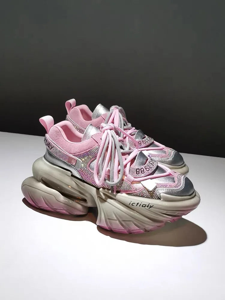 Women High Heels Platform Shoes Spring Crystal Fashion Luxury Designer Brand Chunky Sneakers Unique Design Real Leather Trendy