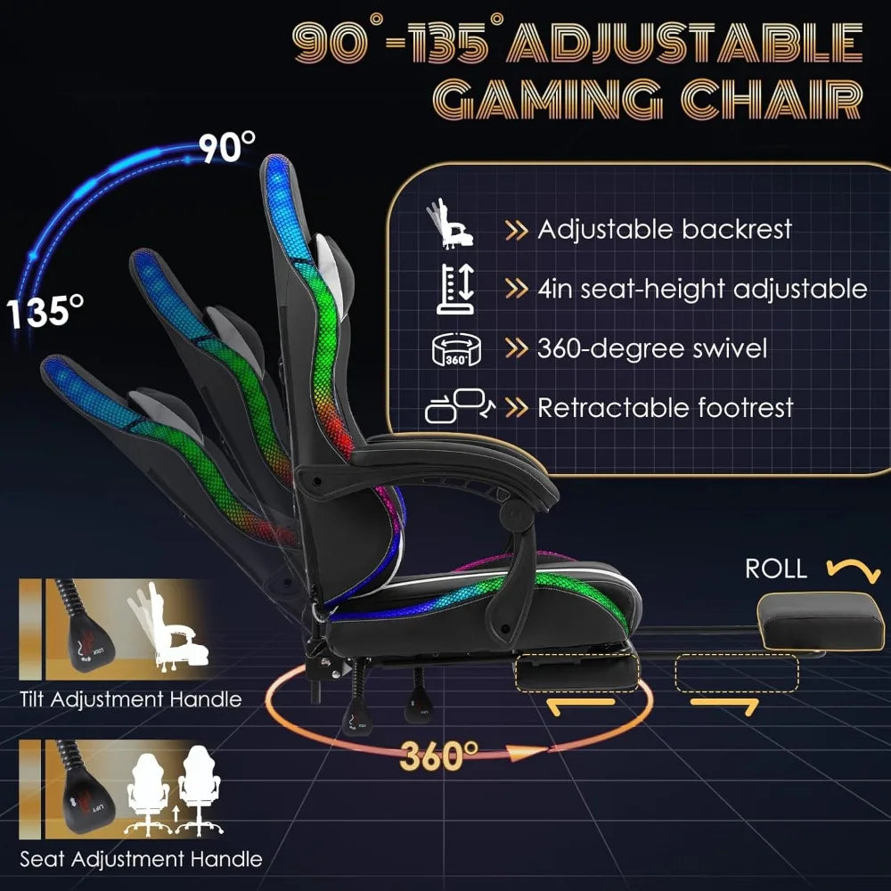 Massage Gaming Chair, Video Game Chair with LED Lights, Ergonomic Computer Chair with Footrest and Lumbar Support, Heig