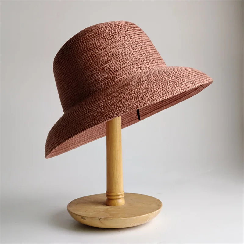New Summer Sun Hats Ladies Solid Plain Elegant Wide Brim Hat Female Round Top Panama Floppy Straw Beach Hat Women |...