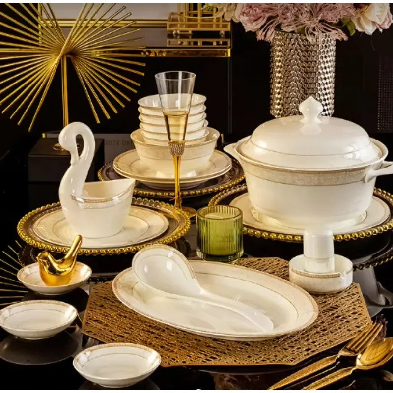 Christmas Ceramic Tableware 60 Sets Equipped With Rich Pot Fashion Xiaozi Series 10 People Dining Simple Bone China...