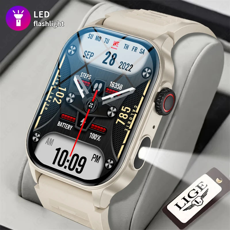 LIGE Men's Watch Outdoor Flashlight Military IP68 Waterproof Smart Watch Men Heart Rate Sport Fitness Watches BT Call Smartwatch