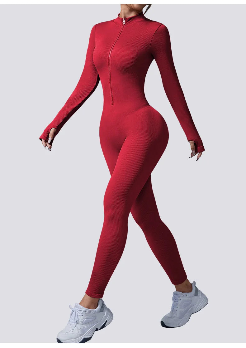 Half Zip Jumpsuit Women Gym Bodysuit Long Sleeve Activewear Set Running Workout Romper Fitness Overalls Sportswear Yoga Clothes