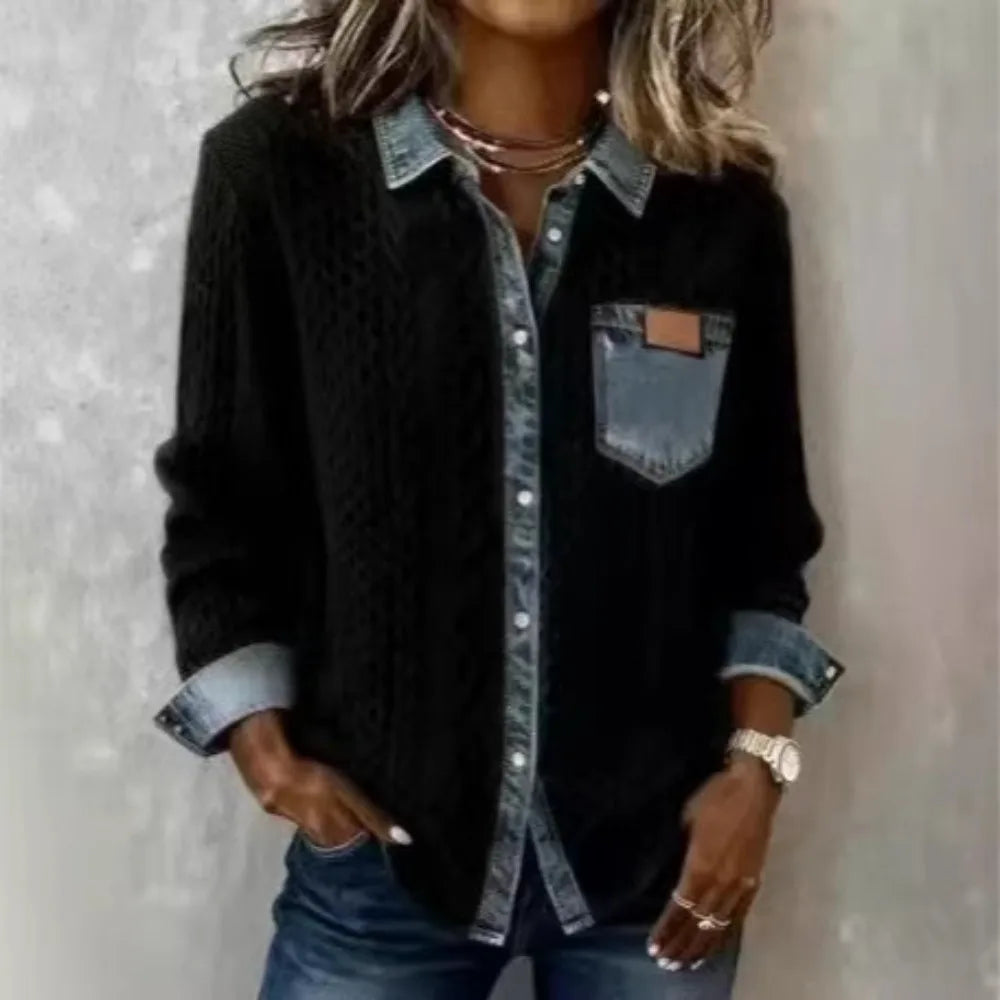 Women knit Denim Shirt Coat Overshirt Vintage Blouse Single Breasted Turn Down Collar Pockets Washed 2025 Office Lady Top Jacket - Kimlud