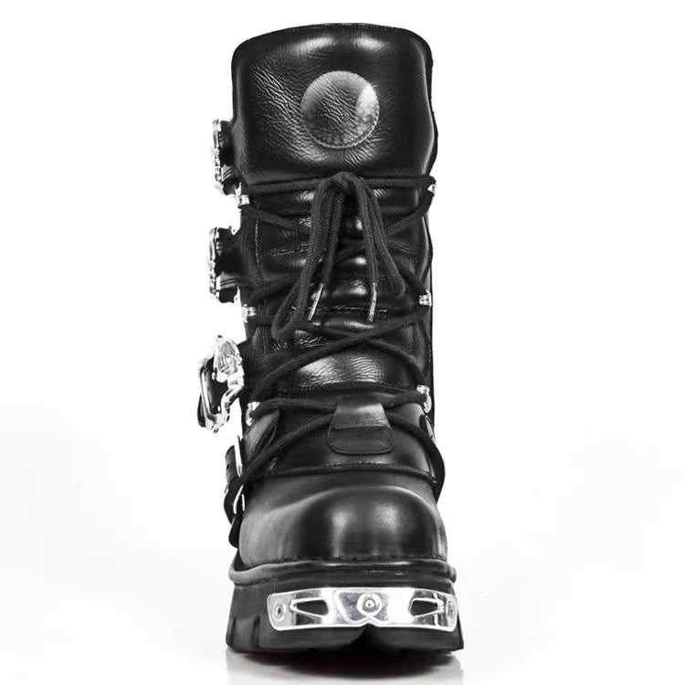 Men's Fashion Genuine Leather Motorcycle Boots Goth Skull Punk New Unisex Mid-calf Cowboy Boots Metallic Combat Boots