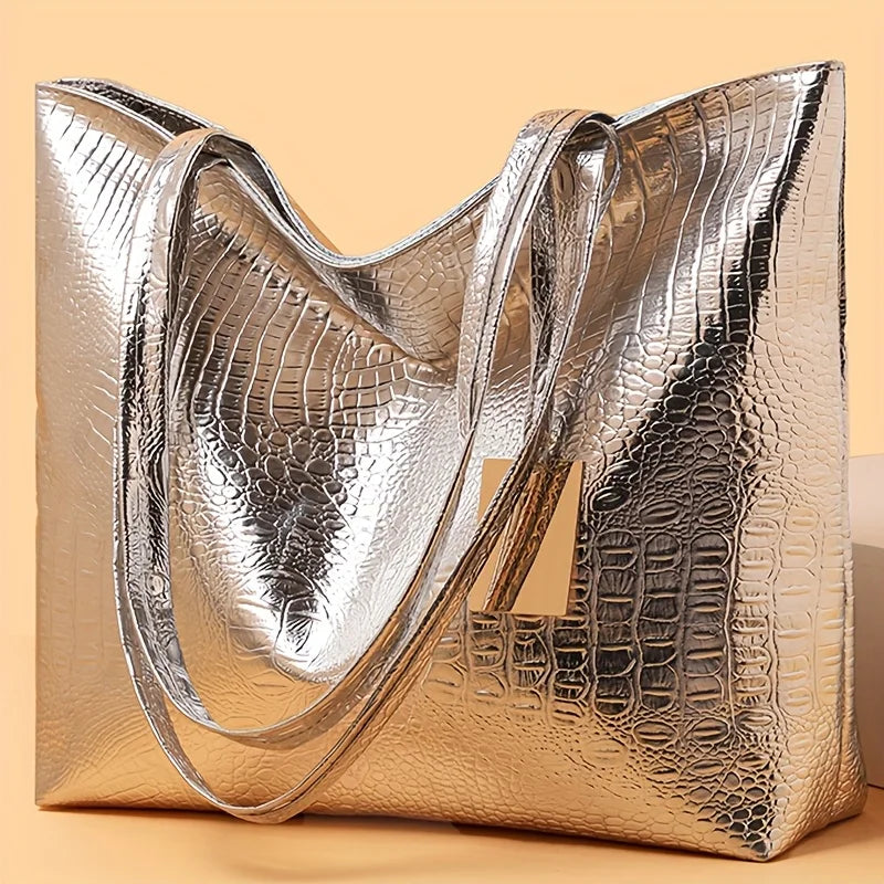 Vintage Women's Tote Bag, Large Capacity Handbag Shoulder Bag with Zipper Closure, Metallic Finish Handbags for Work, Parties