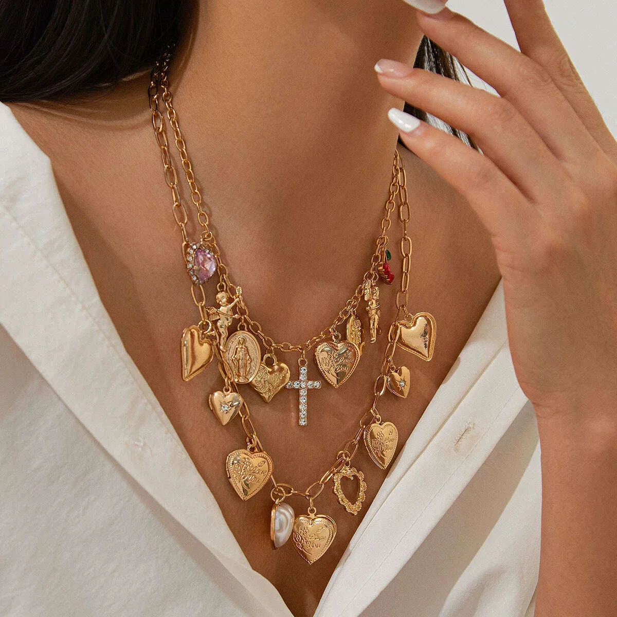 Ingemark 2Pcs/Set Punk Classic Metal Chain Necklace for Women Vintage Love Heart Rhinestone Cross Pendant New Year Jewelry Gift