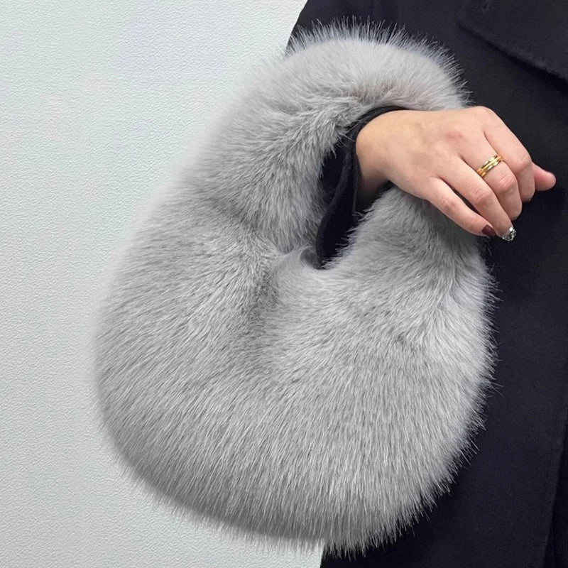 Fashion Soft Plush Half Moon Bags for Women Designer Fluffy Faux Fur Lady Handbags Luxury Small Tote Female Winter Purses
