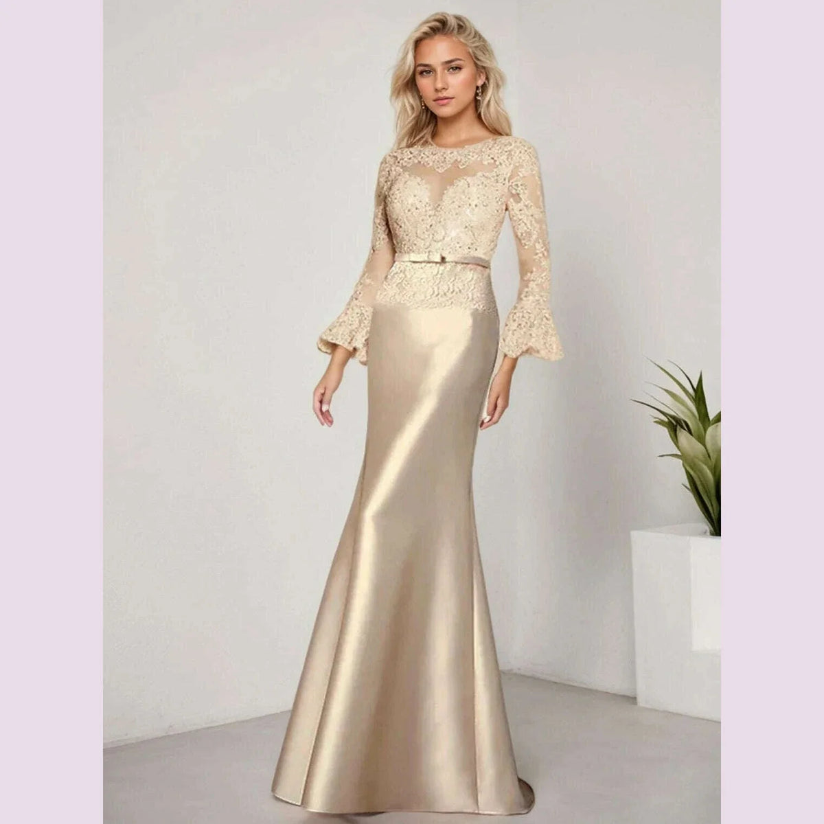 Elegant Sheath Wedding Guest Dress Scoop Neck Long Sleeve Satin Lace Beading Applique Sweep Train Prom Gown 2025 Free Customized