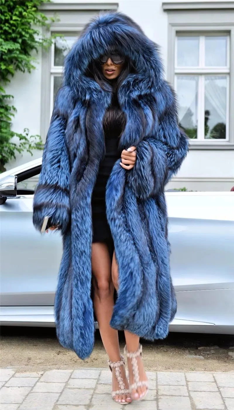 BFFUR Luxury Real Fox Fur Coat With Hood Winter Women'S Genuine Full Pelt Natural Fox X-Long Outdoor Jacket Thick Warm Coat