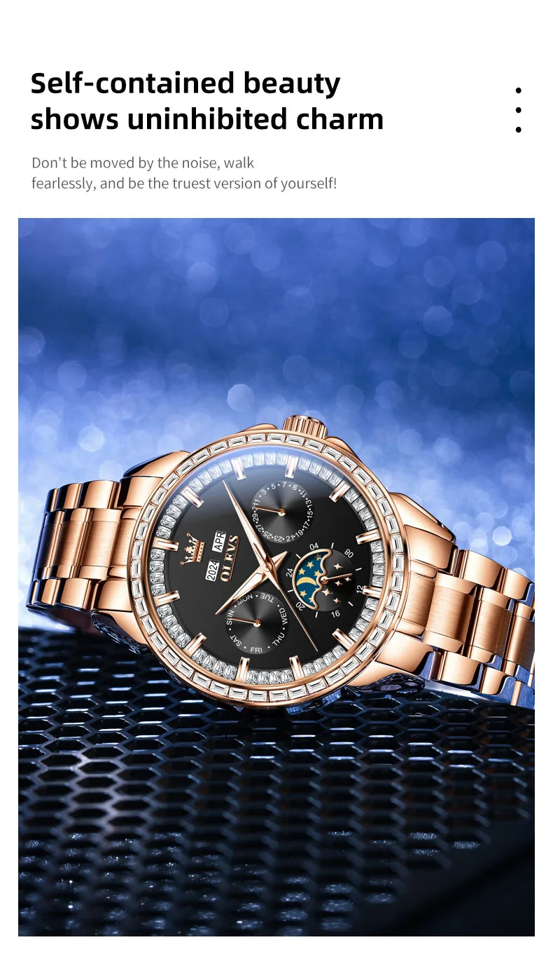 OLEVS 6695 Automatic Mechanical Men's Watches Luxury Brand Original Diamond Bezel Moon Phase Perpetual Calendar Man...