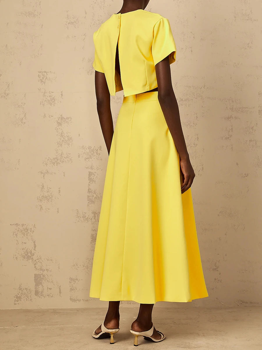 VGH Spliced Appliques Two Piece Set for Women O Neck Short Sleeve Top High Waist A Line Temperament Skirt Outfits Female Fashion