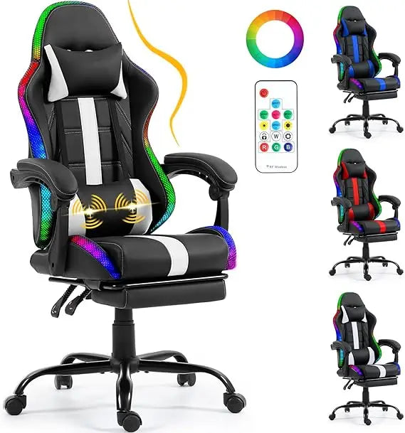 Massage Gaming Chair, Video Game Chair with LED Lights, Ergonomic Computer Chair with Footrest and Lumbar Support, Heig