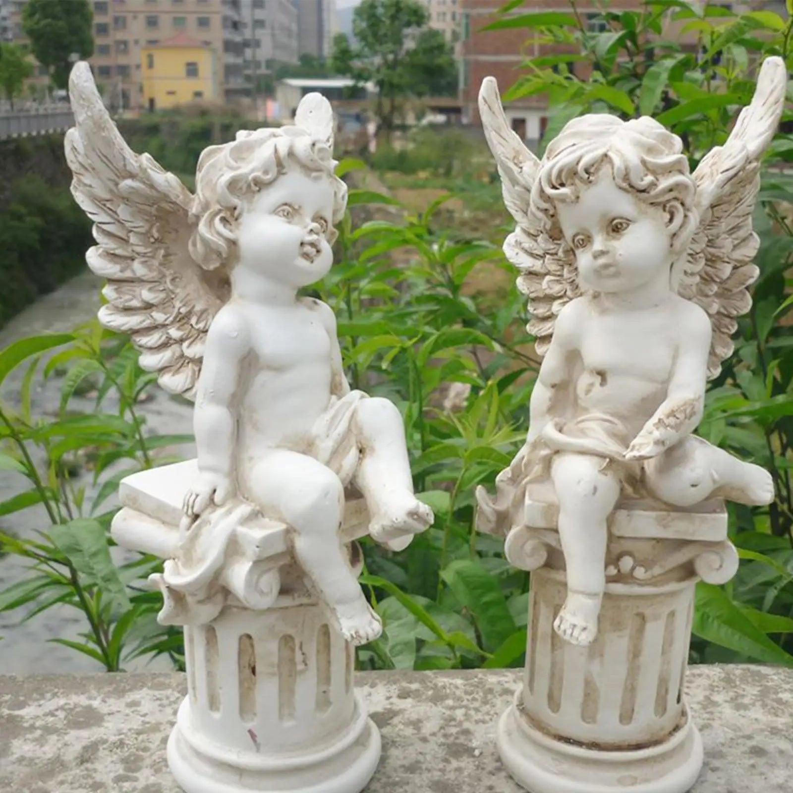 2 Cherub Statues Roman Pillar Decorative Photo Props Garden Figurines Sculptures for Outdoor Landscaping Fountain Porch Patio