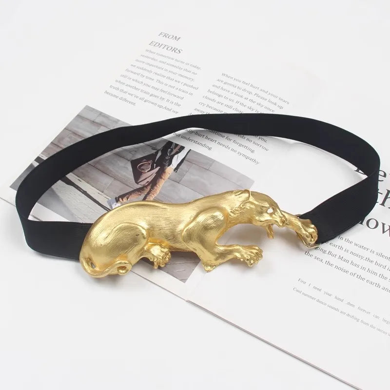 Women's Fashion Black Genuine Leather Gold Leopard corset Female Cummerbund Coat Waistband Dress Decration Wide Belt J005