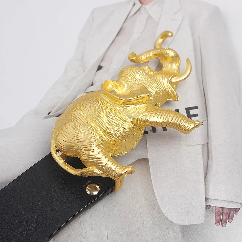 Fashion Real Leather Belts for Women Luxury Designer Female Waist Elastic Corset Belt Gold Heavy Elephant Metal Buckle