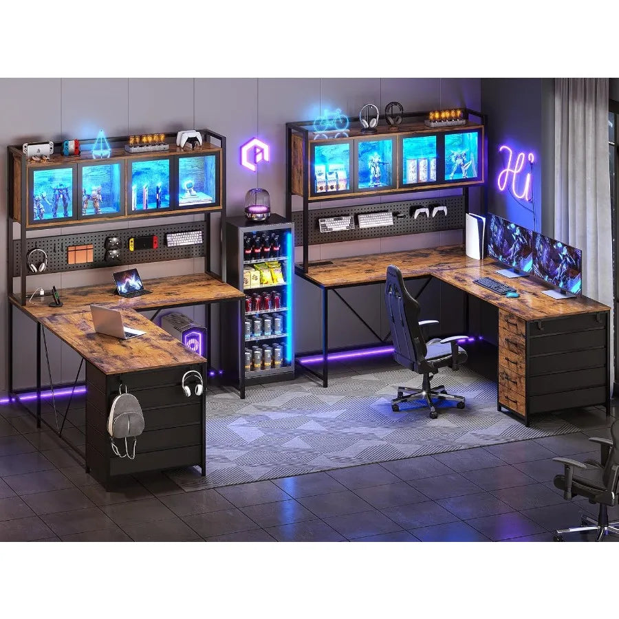 L Shaped Gaming Desk with Drawers and Storage Shelves for Home Office Corner Computer Desk with Hutch Pegboard Panel Built-in L