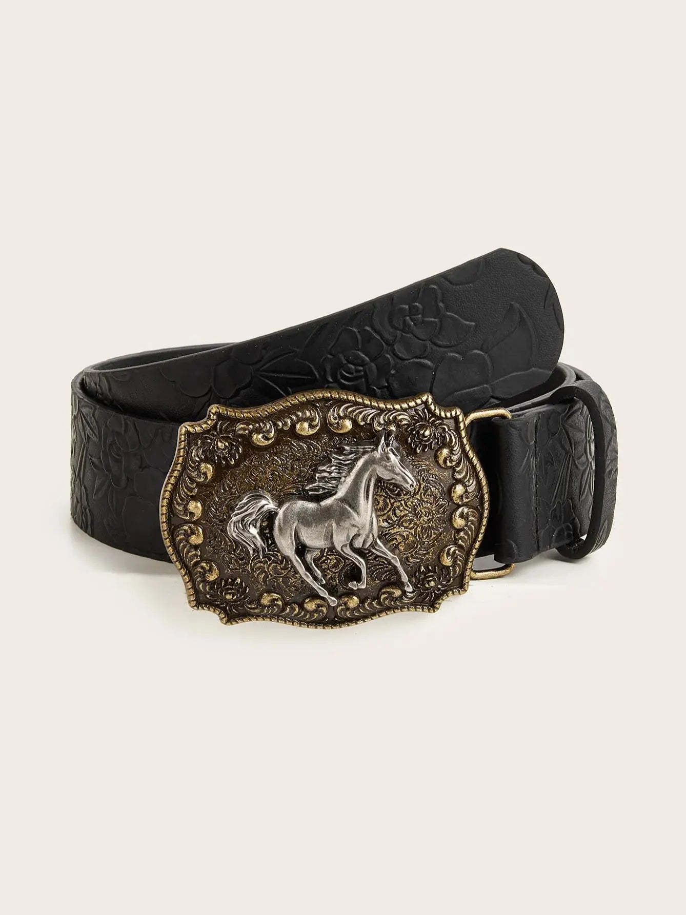Neutral horse head buckle peony pattern PU belt fashionable