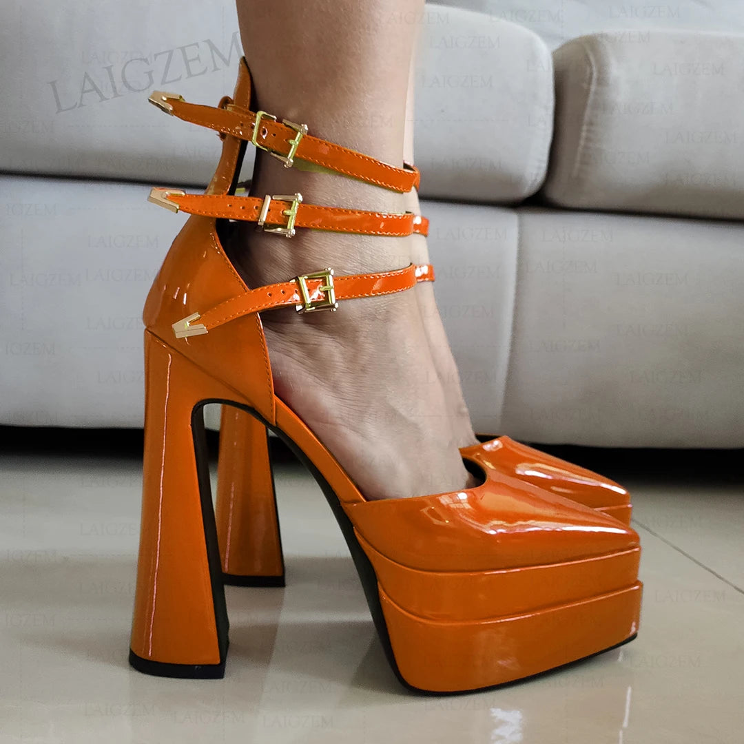 LAIGZEM Women Pumps Pointed Toe Shiny Buckle Straps 14.5CM Thick High Heels Sandals Cosplay Ladies Shoes Woman Big Size 35 41 43