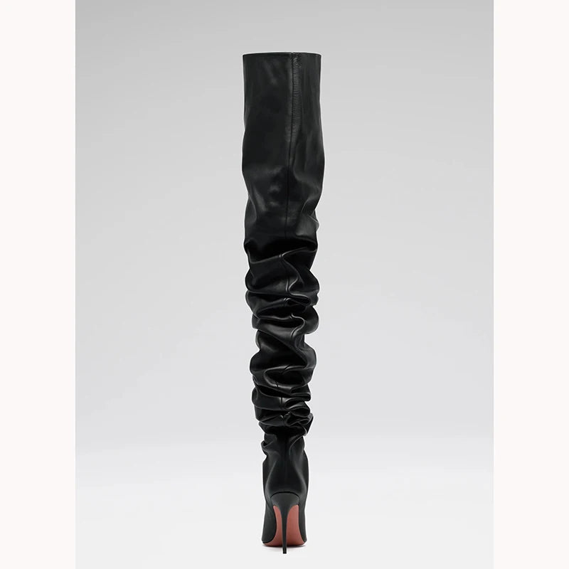 Fashion wrinkle pointed toe women over knee boots sexy thin heel zipper long boots