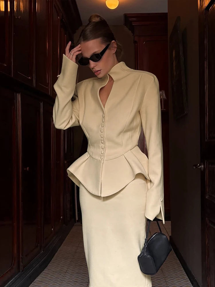 Weird Puss Elegant Office 2-Piece Set Women Classic Autumn trend Single Breasted Ruffled Jacket+Peach Hip Mid Skirt Slim Outfits