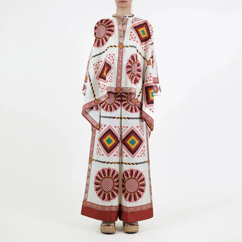 2 Piece Sets Fashion Women's Irregular Geometric Print Pants Sets Long Sleeve Shirts And Wide Leg Pants Stylish Streetwear Suit