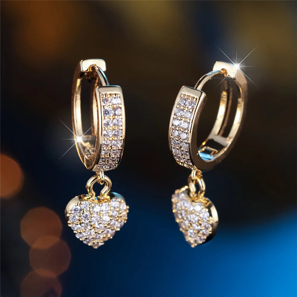 Trendy Crystal White Zircon Stone Love Heart Hoop Earrings For Women Vintage Gold Color Wedding Jewelry
