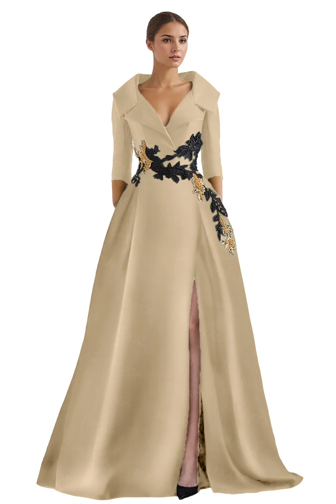 Classic Satin Evening Dresses For Women Wedding Party Guest V-neck Three Quarter A-line Side Slit Elegant Prom vestidos de gala