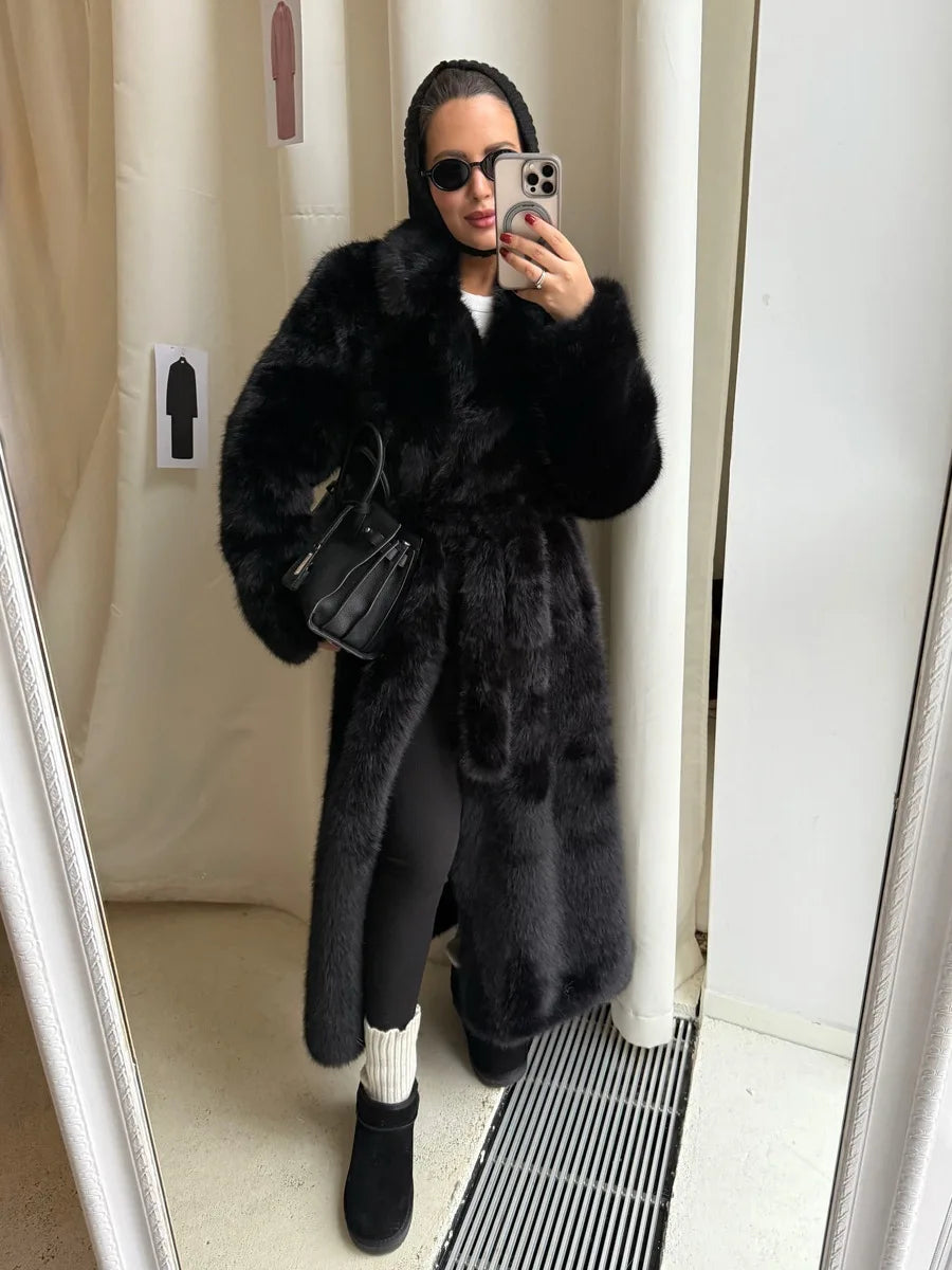 Long Coats Women Faux Fur Y2k Maxi Overcoat Lace Up Turn Down Collar Full Sleeve Thick Loose Elegant Jackets Autumn Winter 2025