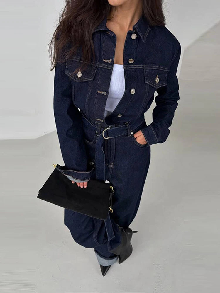 Chic Denim Women's Jumpsuit Turn-Down Collar Lace Up Full Sleeve Lady Long Jumpsuits 2026 Spring Casual Female Streetwear - Kimlud