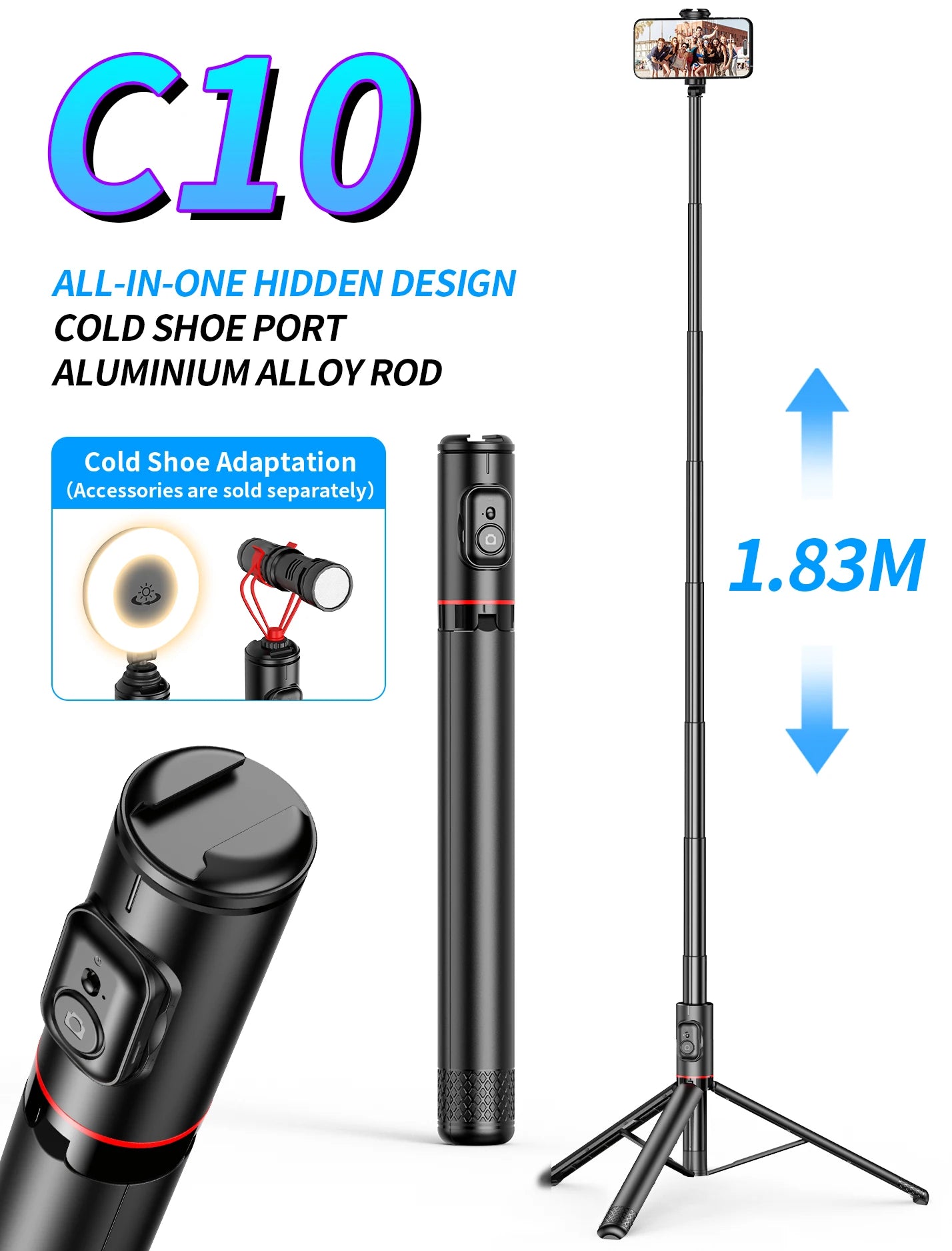 Portable Selfie Stick Tripod for Phone,Aluminum Alloy 72 inch Stand with Wireless Bluetooth,Cold Shoe for iPhone Smartphone