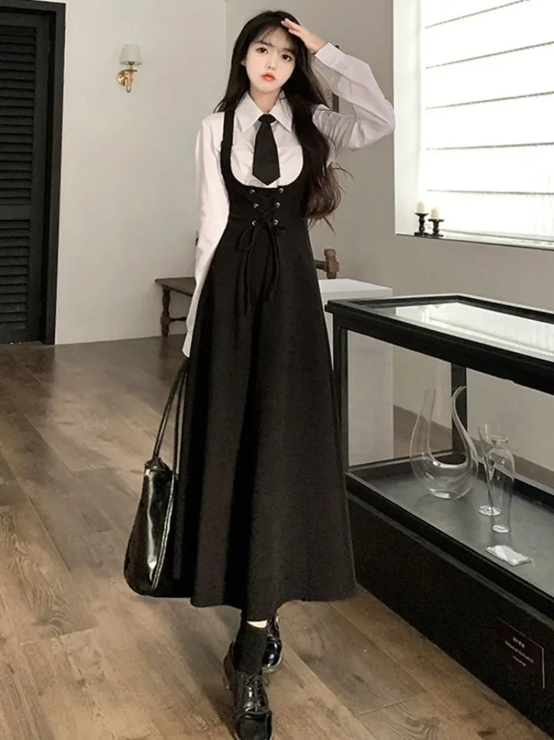 Lapel Neck Tie Long Sleeve White Shirt Women+ Slim Waist Mid-length Strap Dress For Women Two Piece Sets 2025 Fashion New