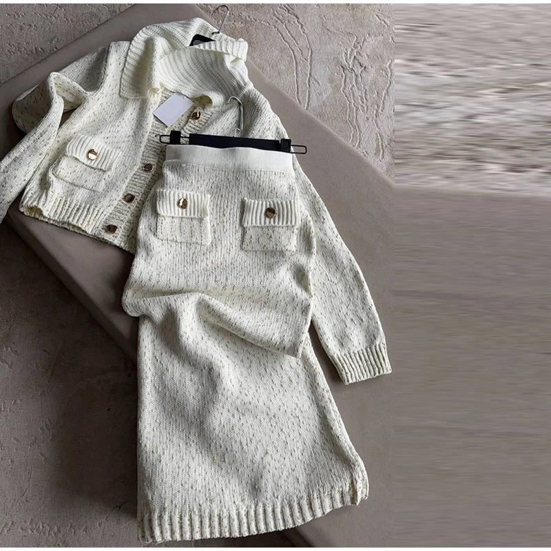 Fashion Knitted Long Skirts Sets Women Lapel Full Sleeve Single Breasted Sweater Hip Package Slim Skirt 2026 Spring Lady Outfits