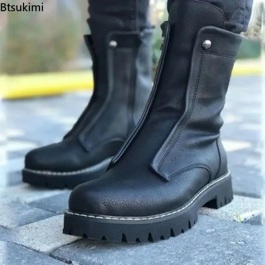 2026 New Big Size Men's Fashion High Top Round Toe Boots PU Leather Shoes Black Stylish Thick Soled Boot Short Motorcycle Botas