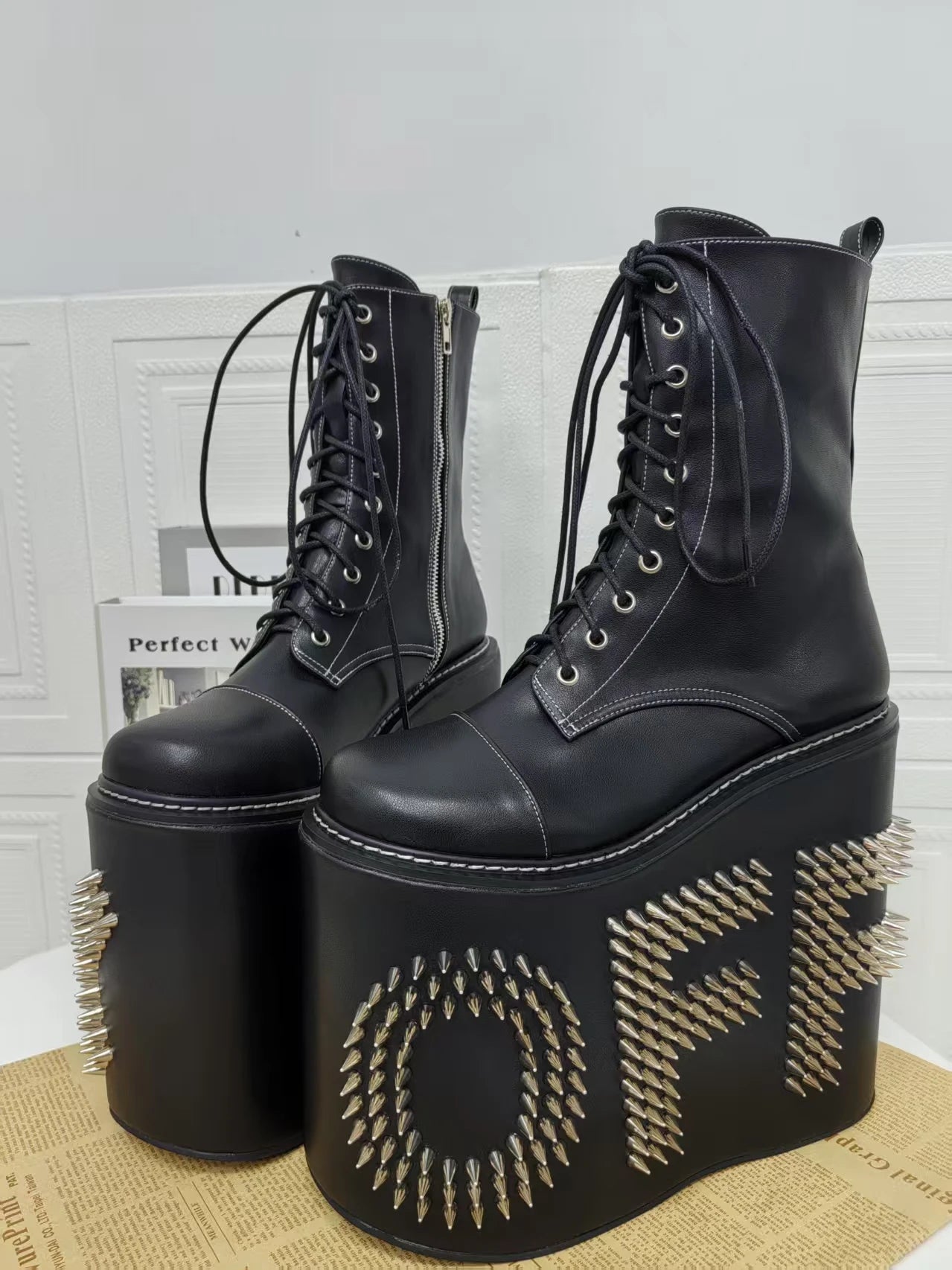 Women Motorcycle Boots women super high thick Heels pumps Cool Lady knight customized boots girl punk Gothic long boots rivets